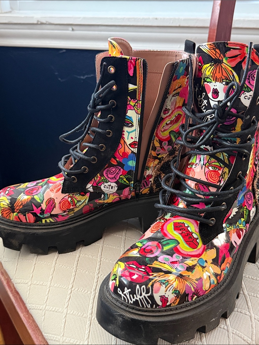 Betsey Johnson Black Pink Red Multi Floral Graphic Lace-Up Combat Boots - Picture 4 of 8